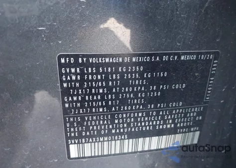 2021 Volkswagen Tiguan 2.0T S из США, поврежденный, VIN 3VV1B7AX3MM016345